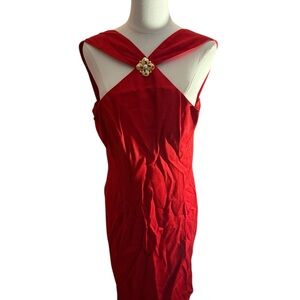 En Francais by Huey Waltzer Strapless Red Dress with Elegant Brooch Size 12